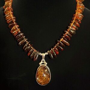 Amber and Sterling oval drop nugget necklace
